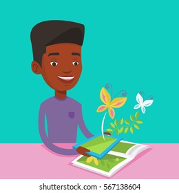 Young african-american man holding digital tablet above the book.Man looking at butterflies flying out from digital tablet. Concept of agmented reality. Vector flat design illustration. Square layout.