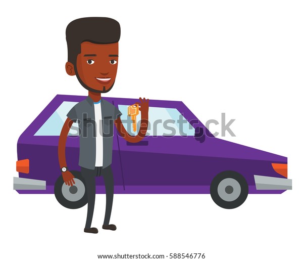 Young african-american man holding keys to his\
new car. Happy man showing key to his new car. Man standing on the\
backgrond of his new car. Vector flat design illustration isolated\
on white background