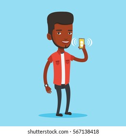 Young african-american man holding ringing mobile phone. Smiling man answering a phone call. Man standing with ringing phone in hand. Vector flat design illustration. Square layout.