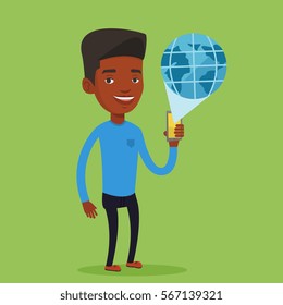 Young african-american man holding a smartphone with a model of planet earth coming out of the device. International technology communication concept. Vector flat design illustration. Square layout.