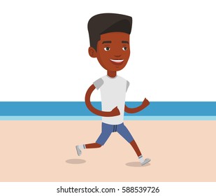 Young african-american man jogging on the beach. Sporty man jogging along the seashore. Fit smiling man enjoying jogging on the beach. Vector flat design illustration isolated on white background.