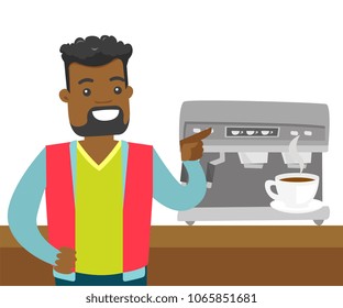Young african-american man making coffee with a coffee-machine. Man standing next to the coffee machine with cup of hot coffee. Vector cartoon illustration isolated on white background. Square layout.
