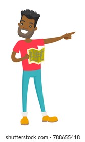 Young african-american man with paper map in hands sightseeing and pointing finger to the side. Vector cartoon illustration isolated on white background.