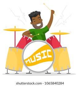 Young african-american man playing on drum kit. Smiling musician sitting behind the drum kit. Vector cartoon illustration isolated on white background. Square layout.