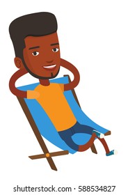 Young african-american man relaxing in folding chair. Smiling man sitting in folding chair. Man enjoying his vacation. Vector flat design illustration isolated on white background.