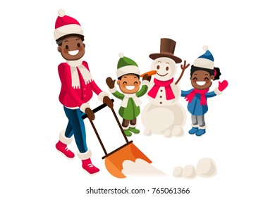 Young african-american man removing snow with a shovel in the yard while his children playing in the snow and making a snowman on snowy winter day. Vector isolated cartoon illustration.