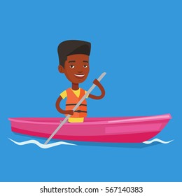 Young african-american man riding in a kayak in the river. Man with skull in hands traveling by kayak. Male kayaker paddling. Man paddling a canoe. Vector flat design illustration. Square layout.