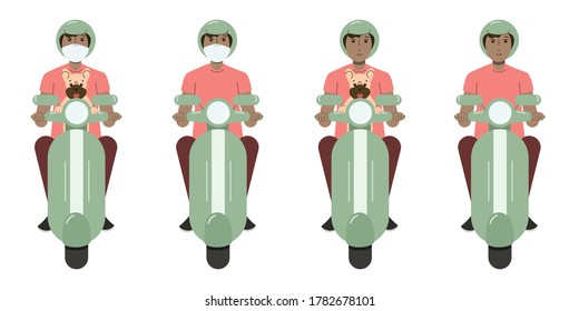 Young African-American man riding a scooter on a white background, front view. Man in helmet with dog and medical mask on scooter. Vector flat illustration.