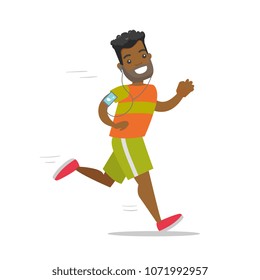 Young african-american man running with earphones and armband for smartphone. Man using phone with armband to listen to music during jogging. Vector cartoon illustration isolated on white background.