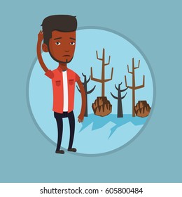 Young african-american man scratching his head on the background of dried trees. Dead forest caused by global warming or wildfire. Vector flat design illustration in the circle isolated on background.