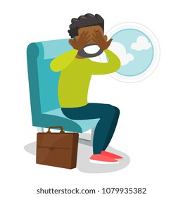 Young african-american man shocked by plane flight in the turbulent area. Frightened airplane passenger sitting in airplane seat and suffering from phobia. Vector cartoon illustration. Square layout.