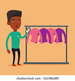 Young african-american man shocked by price tag in clothing store. Surprised man looking at price tag in clothing store. Amazed man staring at price tag. Vector flat design illustration. Square layout