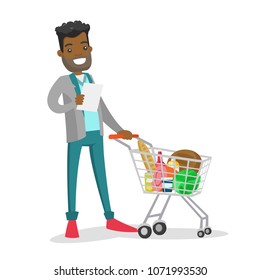 Young african-american man standing next to the shopping carrt with products and checking a shopping list in the grocery shop. Vector cartoon illustration isolated on white background. Square layout.