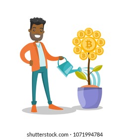 Young african-american man taking care of flower with golden bitcoin coin. Investment, blockchain network technology, ICO initial coin offering and cryptocurrency concept. Vector cartoon illustraton.