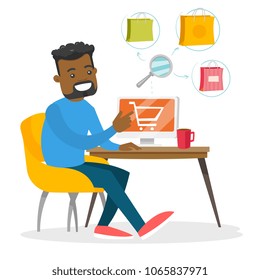 Young african-american man using computer for online shopping. Happy man doing online shopping at home. Guy buying on internet. Vector cartoon illustration isolated on white background. Square layout.