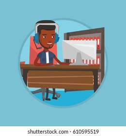 Young african-american man using computer for playing games. Happy smiling gamer in headphones playing online games on a computer. Vector flat design illustration in the circle isolated on background.