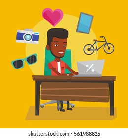 Young african-american man using laptop for online shopping. Happy man doing online shopping. Smiling man buying in online shop. Guy buying on internet. Vector flat design illustration. Square layout.