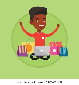 Young african-american man using laptop for shopping online. Man sitting with shopping bags around him. Man doing online shopping. Vector flat design illustration in the circle isolated on background.