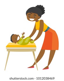 Young african-american mother taking care of smiling newborn baby lying on changing table. Happy mother changing clothing to her infant. Vector cartoon illustration isolated on white background.