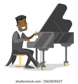 Joven músico afroamericano tocando piano. Pianista tocando piano vertical. Pianista sonriente actuando con sintetizador. Ilustración de dibujos animados de vectores aislados en fondo blanco. Diseño horizontal.