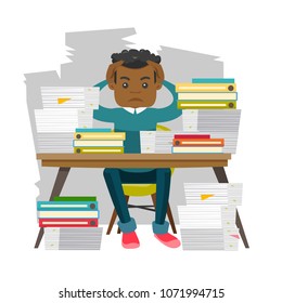 Young african-american office worker in despair sitting at the workplace with heaps of papers. Concept of stress at work and paperwork. Vector cartoon illustration isolated on white background.