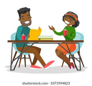 Young african-american office workers chatting and drinking coffee in office. Businesswoman and businessman having a coffee break at work. Vector cartoon illustration isolated on white background.