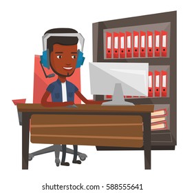 Young african-american operator of call center in headset sitting at the desk in office. Friendly operator of call center wearing headset. Vector flat design illustration isolated on white background.