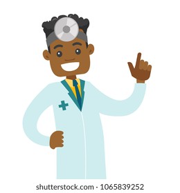 Young african-american otolaryngologist doctor. Audiologist doctor in medical gown and medical frontal reflector on the head used for examination of ear, nose, throat. Vector cartoon illustration.