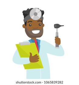 Young african-american otolaryngologist doctor holding clipboard. Audiologist doctor in medical gown with tools used for examination of ear, nose, throat. Vector cartoon illustration. Square layout.