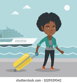 Young african-american passenger walking on the background of cruise liner. Smiling happy passenger with a suitcase goes to a cruise liner along the station. Vector cartoon illustration. Square layout