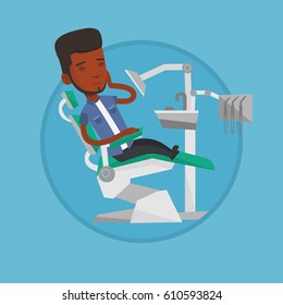 Young african-american patient visiting dentist because of toothache. Sad man suffering from toothache. Man having a toothache. Vector flat design illustration in the circle isolated on background.