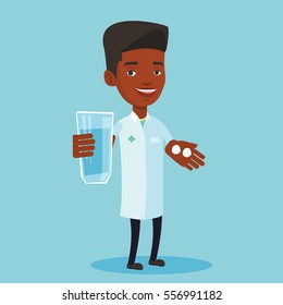 Young african-american pharmacist holding a glass of water and pills in hands. Smiling male pharmacist in medical gown. Pharmacist giving medication. Vector flat design illustration. Square layout.