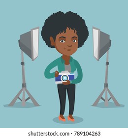 Young african-american photographer holding a camera in photo studio. Photographer using a professional camera in photo studio. Photographer taking a photo. Vector cartoon illustration. Square layout.