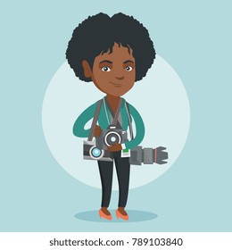 Young african-american photographer standing with many photo cameras equipment. Full length of a professional photojournalist with a lot of photo cameras. Vector cartoon illustration. Square layout.