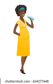Young african-american pregnant woman drinking water from the bottle.Pregnant woman holding bottle of water. Healthy maternity concept. Vector flat design illustration isolated on white background.