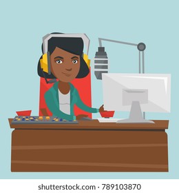 Young african-american radio host working in front of microphone, computer and mixing console at radio studio. Radio host in headset working at radio studio. Vector cartoon illustration. Square layout