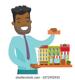 Young african-american real estate agent presenting the model of city. Sales manager holding the project of a new city district. Real estate market concept. Vector cartoon illustration. Square layout.