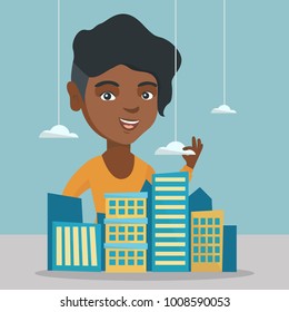 Young african-american sales manager presenting the model of city. Delighted sales manager working with the project of a new modern district of the city. Vector cartoon illustration. Square layout.