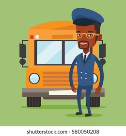 Young african-american school driver standing in front of yellow bus. Smiling school bus driver in uniform. Cheerful school bus driver. Vector flat design illustration. Square layout.