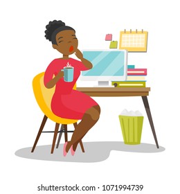 Young african-american sleepy tired office worker holding a cup of coffee and yawning while working at the workplace in office. Vector cartoon illustration isolated on white background. Square layout.