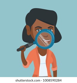 Young african-american smiling woman holding a magnifying glass in front of her teeth with braces. Woman demonstrating teeth with braces through a magnifier. Vector cartoon illustration. Square layout