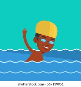 Young african-american sportsman in cap and glasses swimming in pool. Professional male swimmer in swimming pool. Man swimming forward crawl style. Vector flat design illustration. Square layout.