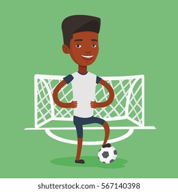 Young african-american sportsman standing with football ball on the stadium. Professional football player standing with a soccer ball on the field. Vector flat design illustration. Square layout.