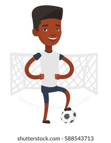 Young african-american sportsman standing with football ball on the stadium. Professional football player standing with ball on the field. Vector flat design illustration isolated on white background.
