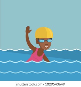 Young african-american sportswoman in a cap and glasses swimming in the pool. Professional sportswoman swimming the front crawl. Sport and leisure concept. Vector cartoon illustration. Square layout.