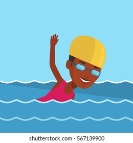 Young african-american sportswoman in cap and glasses swimming in pool. Professional female swimmer in swimming pool. Woman swimming forward crawl style. Vector flat design illustration. Square layout