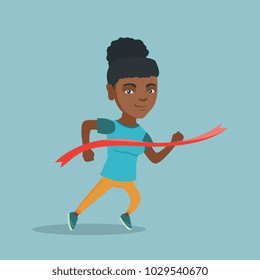 Young african-american sportswoman crossing the finish line. Cheerful smiling sportswoman breaking the finish line and winning a marathon. Winning concept. Vector cartoon illustration. Square layout.