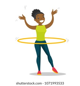 Young african-american sportswoman doing fitness exercises with hula hoop. Cheerful woman at workout with hoop for her waist. Vector cartoon illustration isolated on white background. Square layout.