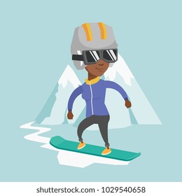 Young african-american sportswoman snowboarding on the background of snow capped mountains. Snowboarder snowboarding on the piste in the mountains. Vector cartoon illustration. Square layout.