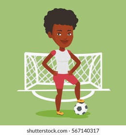 Young african-american sportswoman standing with football ball on the stadium. Professional football player standing with a soccer ball on the field. Vector flat design illustration. Square layout.